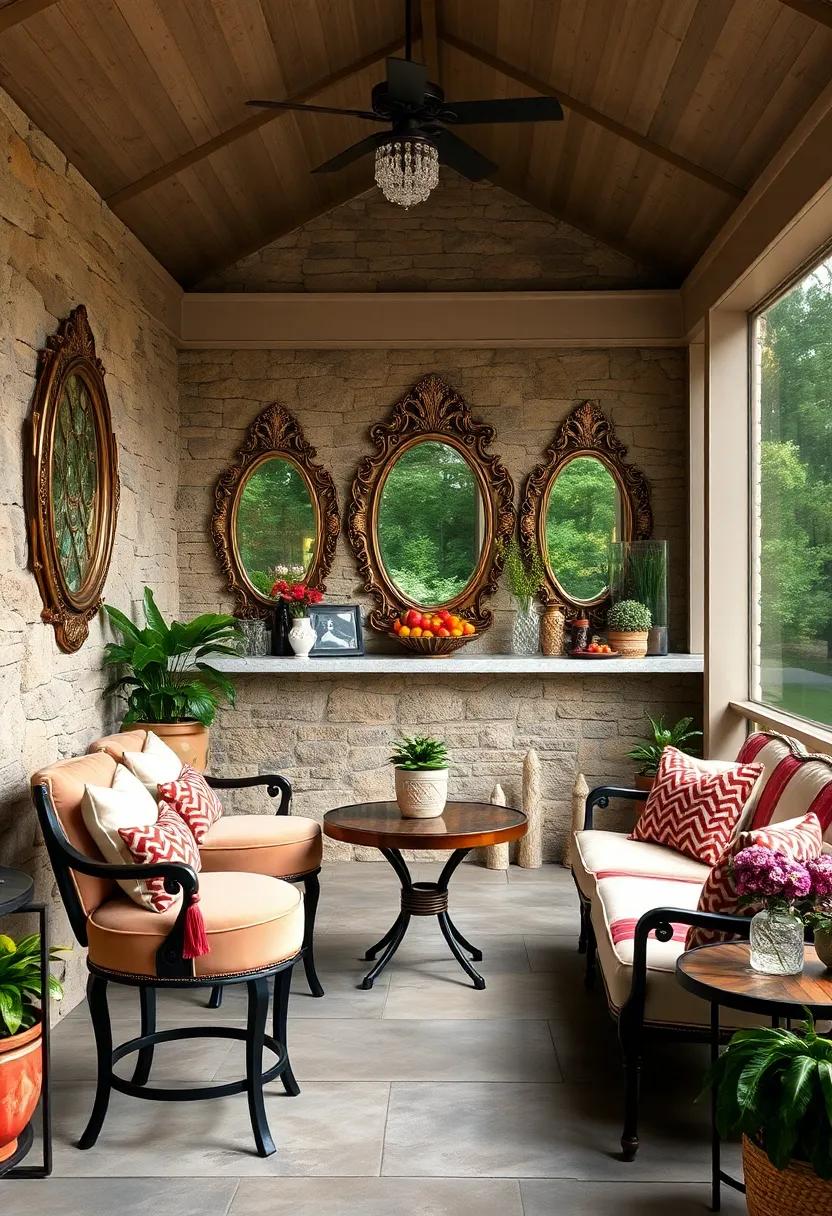 Elegant Vintage Glam Screened Porch Bar Featuring Velvet Upholstered Stools, Antique Mirrors, and Crystal Decor