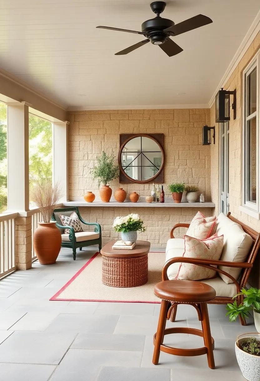 Warm Earth-Toned Screened Porch Bar Featuring Clay Pottery, Textured Baskets, and Leather Stool Accents