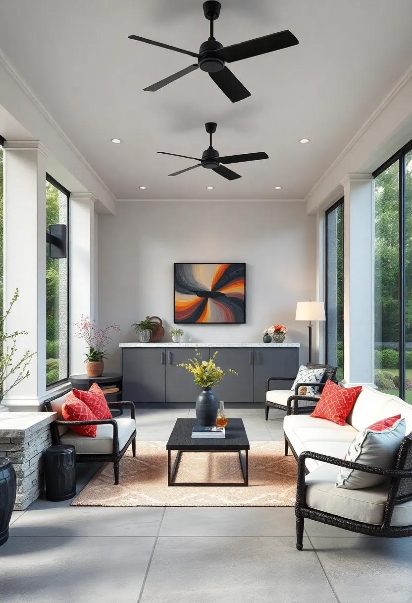 Bright Bohemian Screened Porch Bar with Colorful Patterned Tiles, Hanging Plants, and Eclectic Mix of Seating Styles