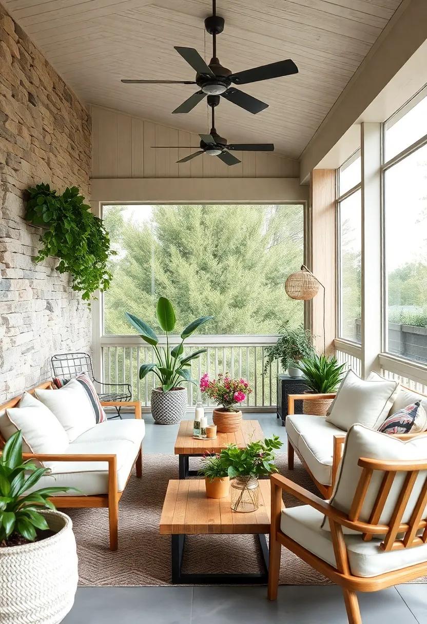 Understated Scandinavian Screened Porch Bar with Clean Lines, Light Wood Finishes, and Simple Green Plant Accents