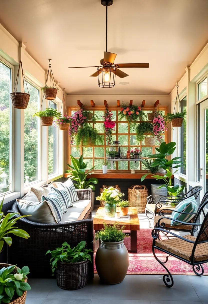 Whimsical Garden-Themed Screened Porch Bar Immersed in Hanging Flower Pots, Rustic Trellises, and Soft Pastel Colors