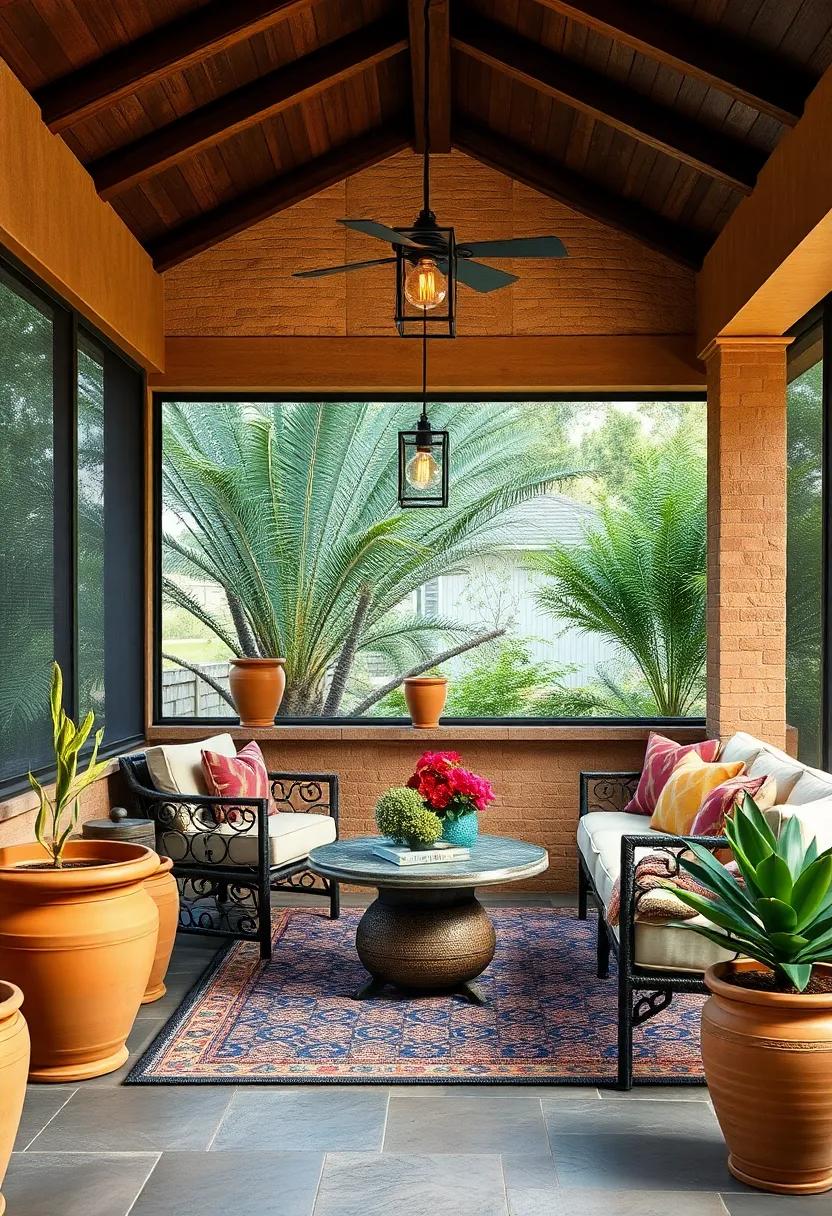 Colorful Mediterranean Inspired Screened Porch Bar Adorned with Mosaic Patterns, Warm Terra Cotta, and Clay Pots