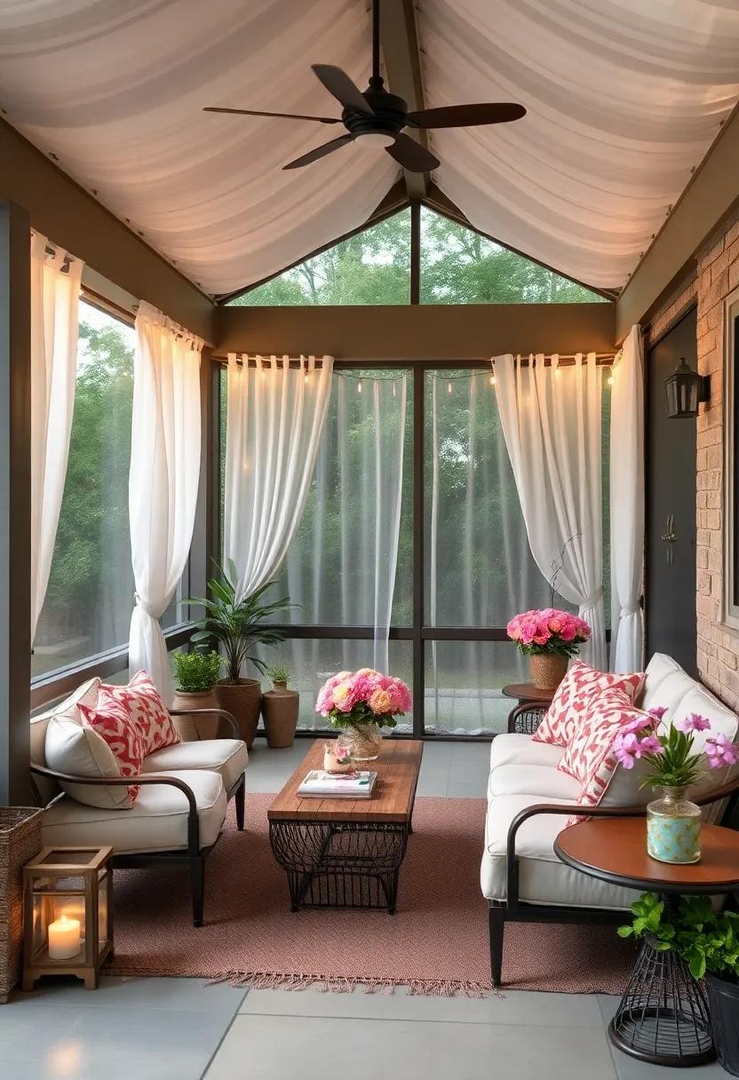 Soft Romantic Screened Porch Bar with Draped Sheer Curtains, Fairy Lights, and Pastel Floral Arrangements