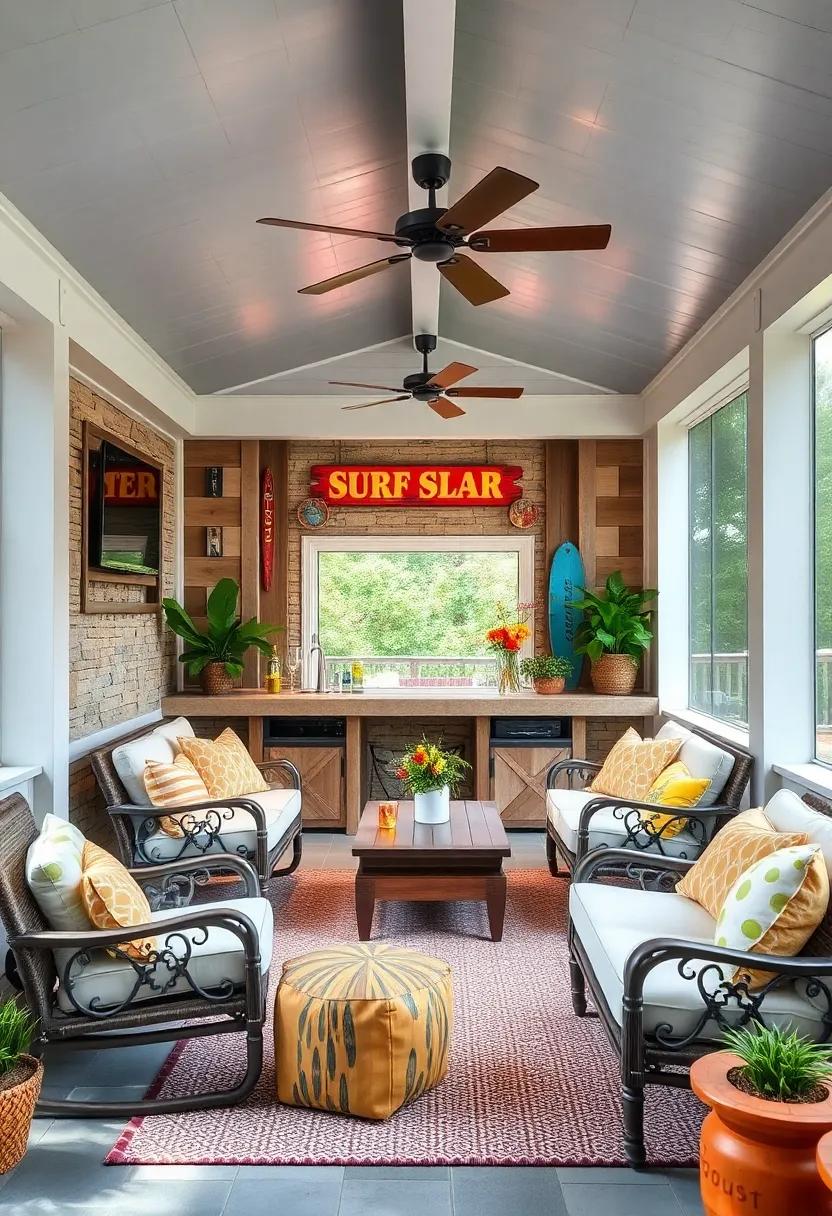 Casual Surf Shack Inspired Screened Porch Bar with Bright Colors, Beach Signs, and Weathered Wood Panels