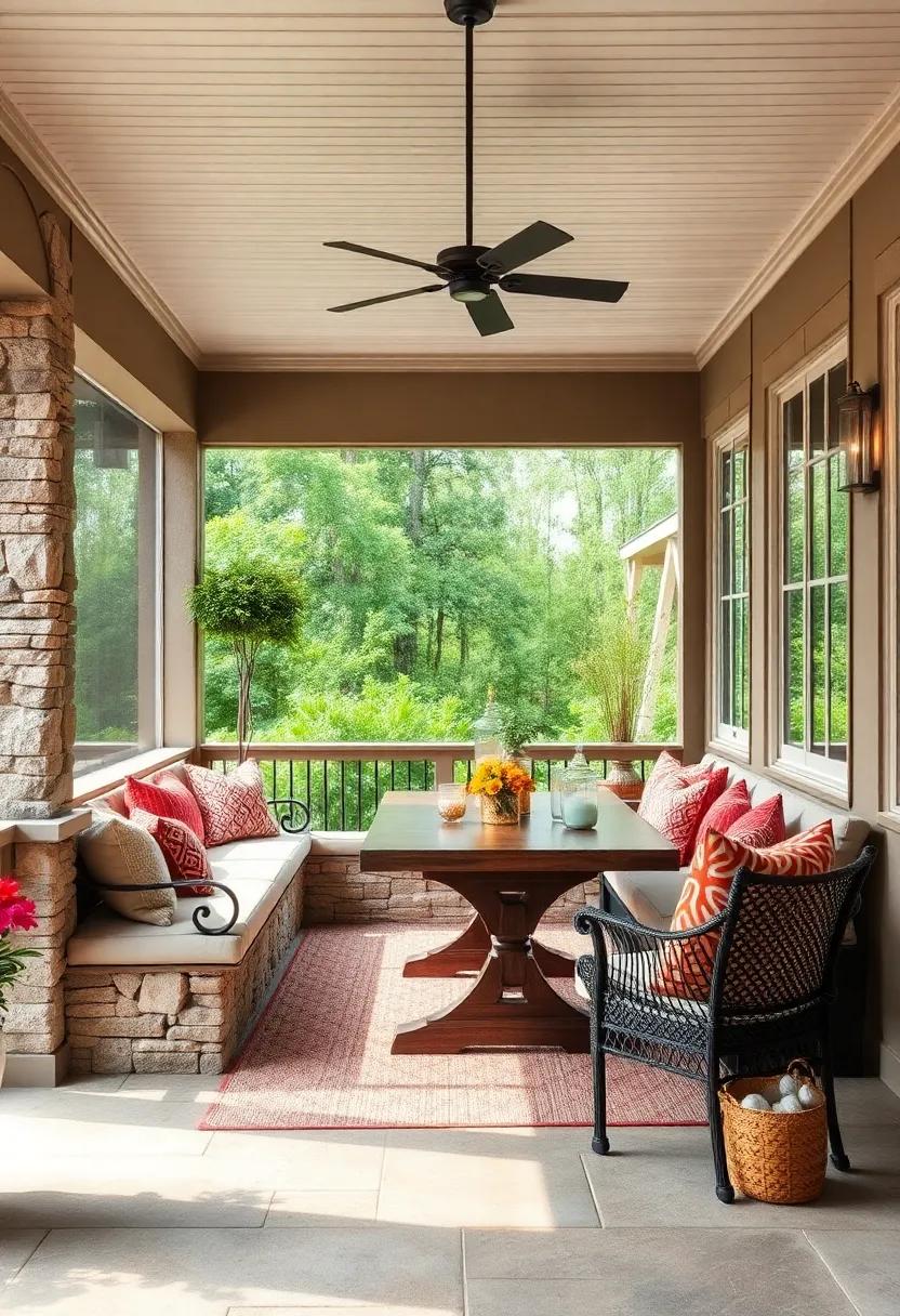 Cozy Screened Porch Dining Area Featuring Soft Lighting and Earthy Tones for a Warm Ambiance