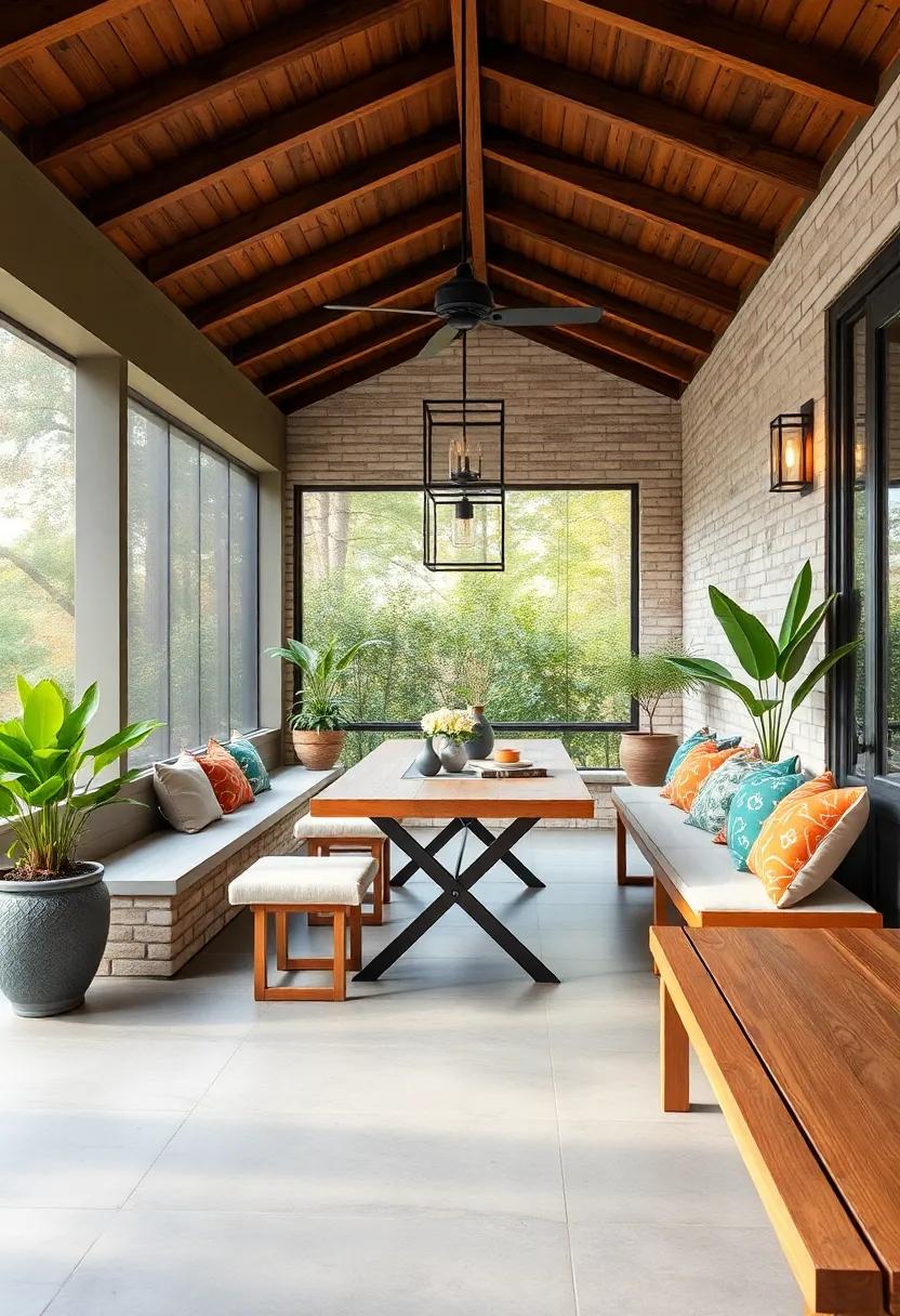 Serene Zen Inspired Dining with Minimal Décor, Bamboo Elements, and Cushioned Wooden Benches