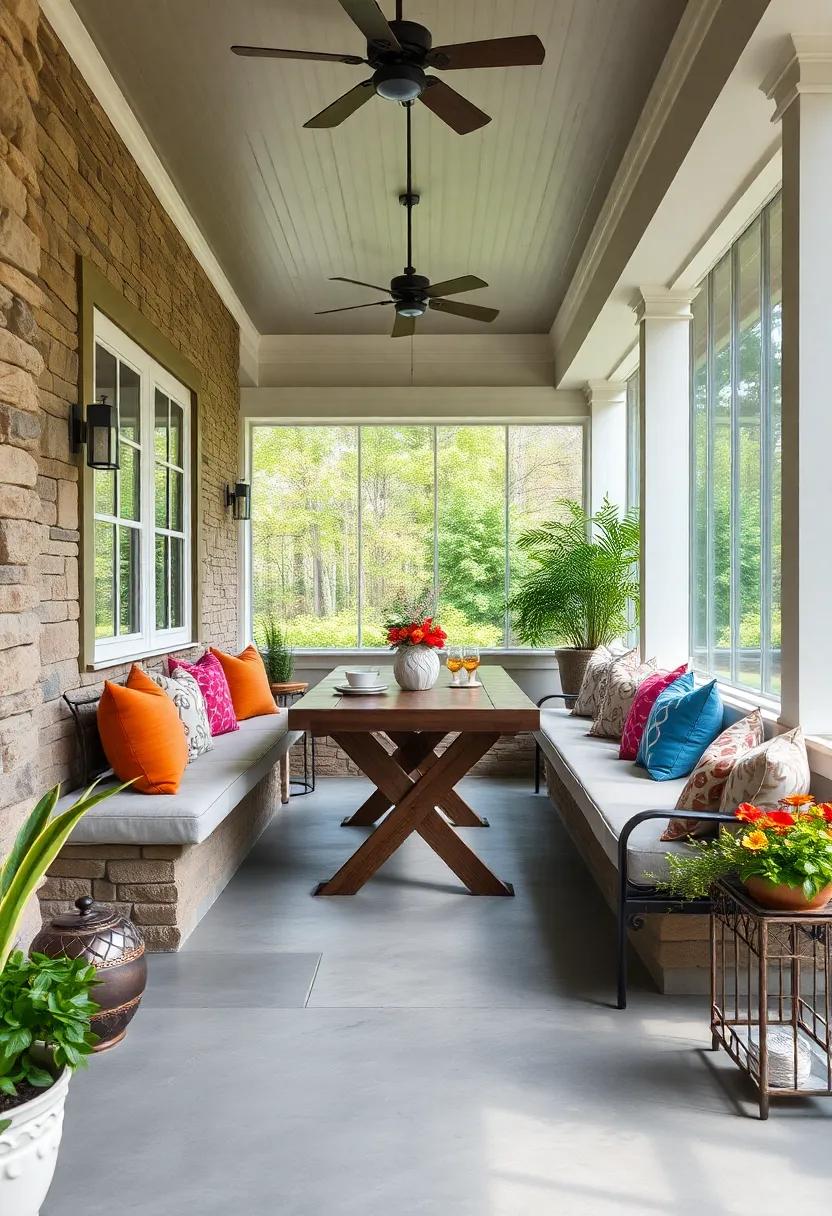 Built-In Bench Seating Adorned with Plush Cushions and Throw Pillows Enhancing Comfort and Style