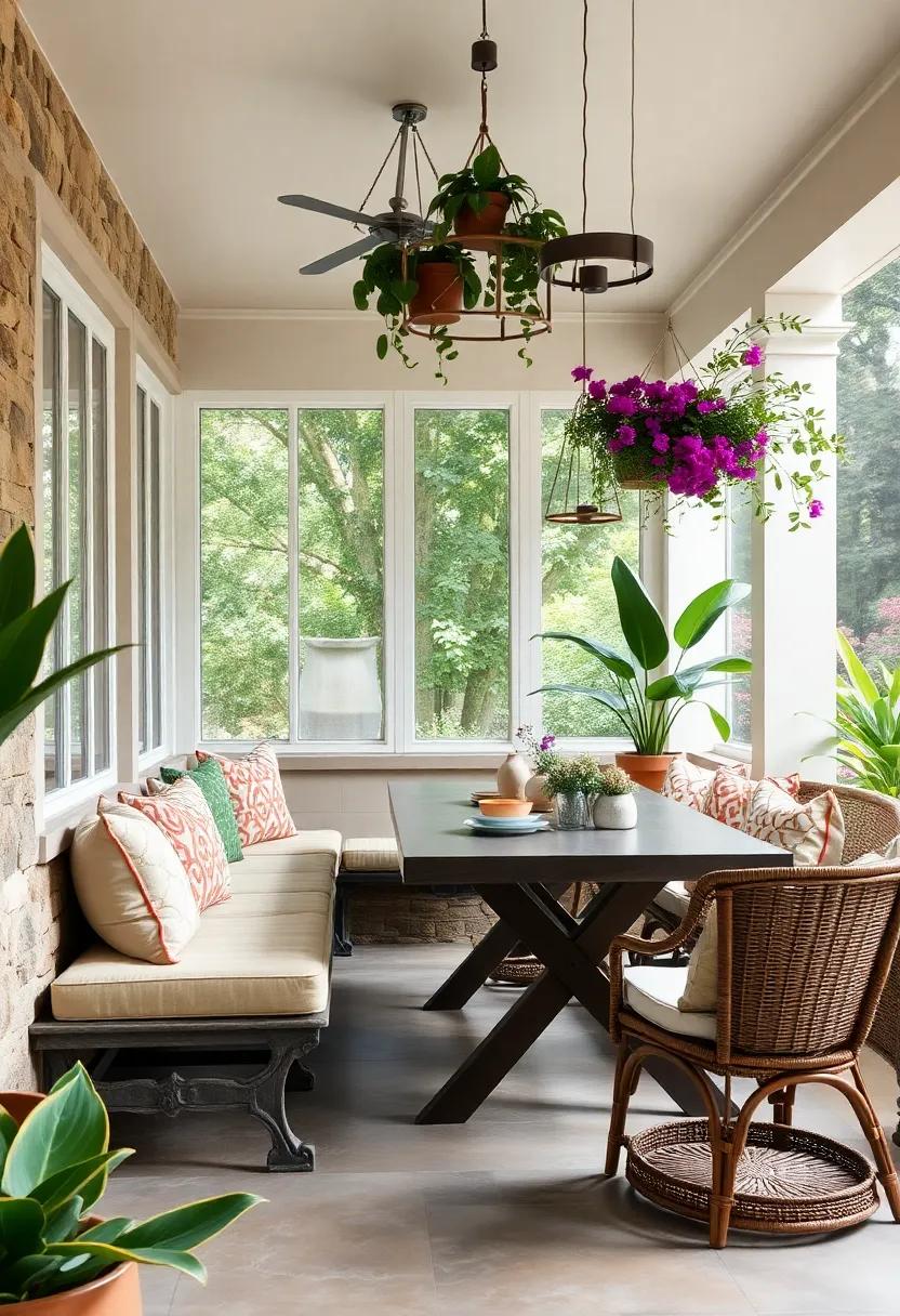 Lush Botanical Dining Scene with Hanging Plants, Rattan Furniture, and Comfortable Bench Arrangements