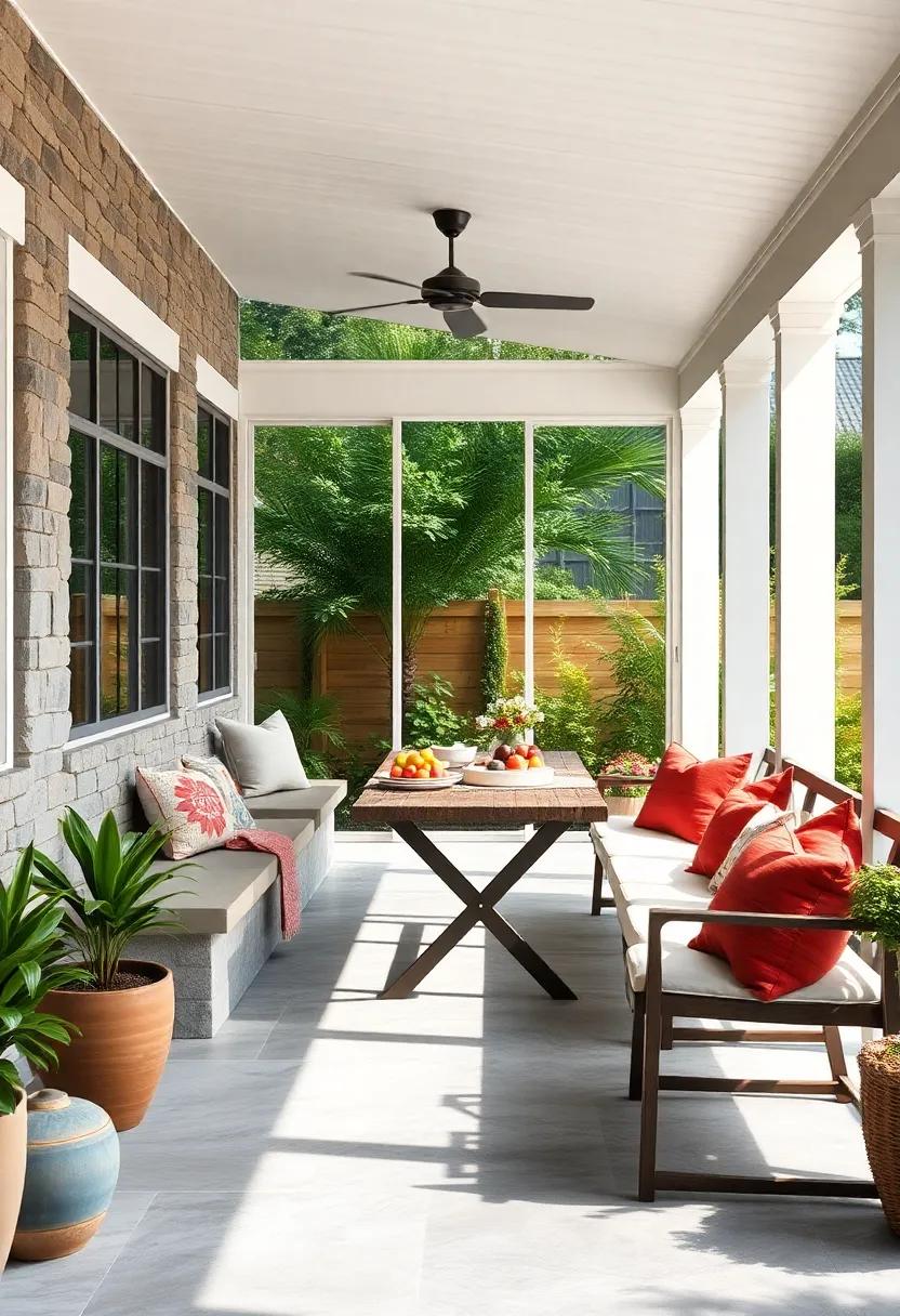 Rustic Wooden Dining Table Paired with Stylish Built-In Benches Surrounded by Natural Greenery