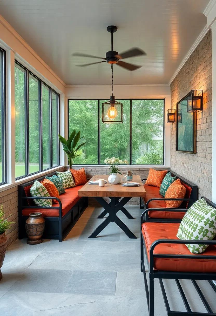 Chic Industrial Porch Dining with Metal Accents, Leather Cushions, and Streamlined Bench Design
