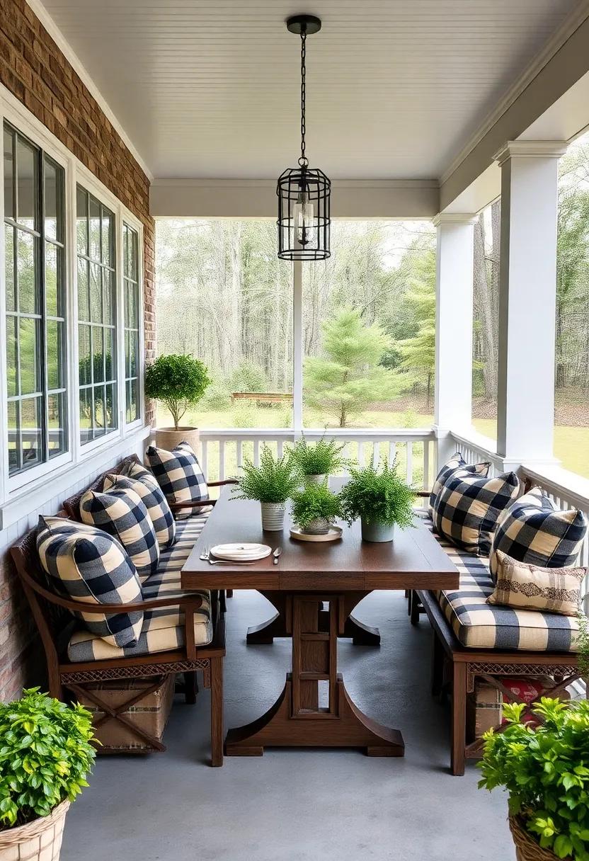 Casual Farmhouse Porch Setting Featuring Classic Plaid Cushions and Fresh Herb Centerpieces