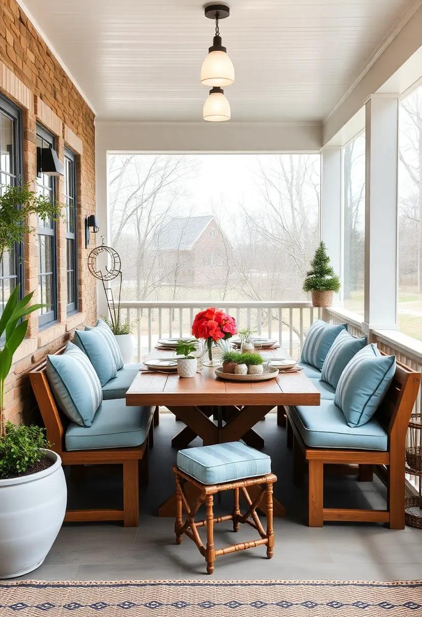 Coastal Style Screened Porch with Light Blue Cushions, Whitewashed Wood, and Nautical Decor