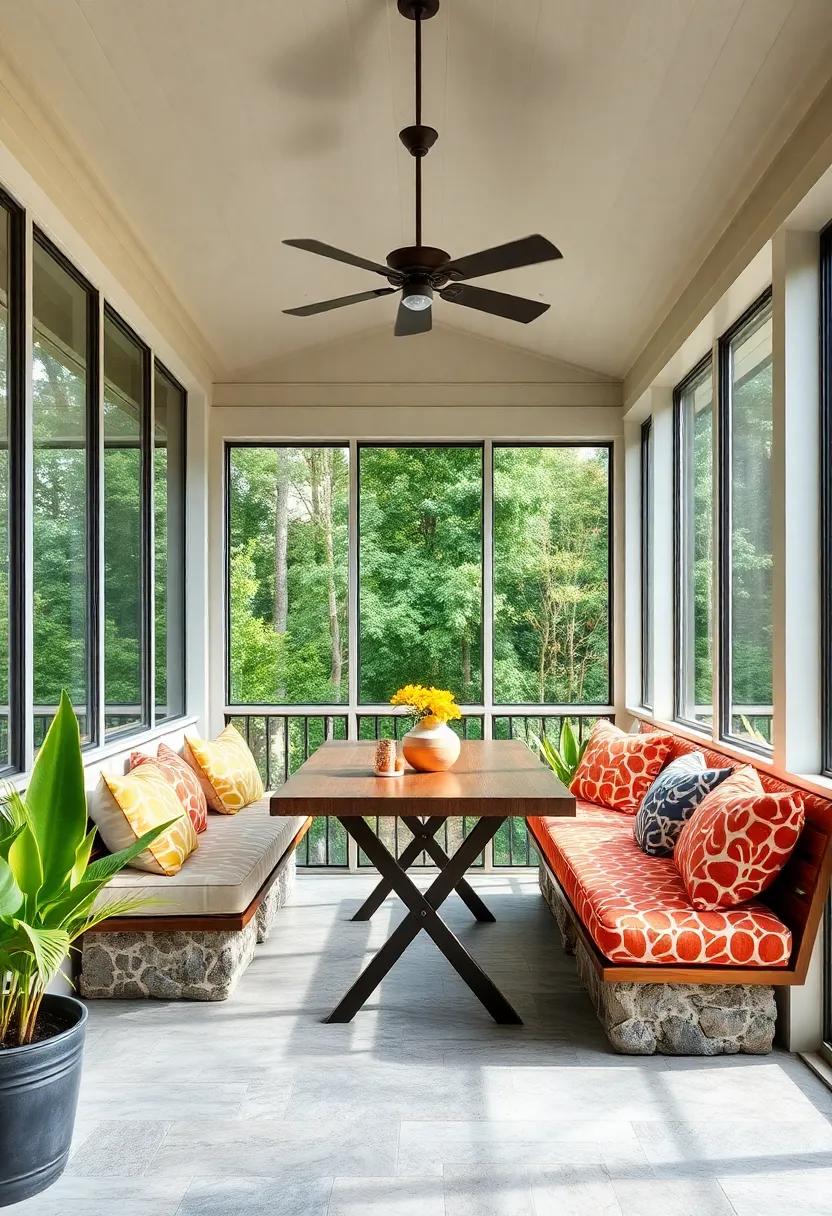 Mid-Century Modern Screened Porch Combining Clean Lines and Bold Fabric Patterns on Built-In Seating