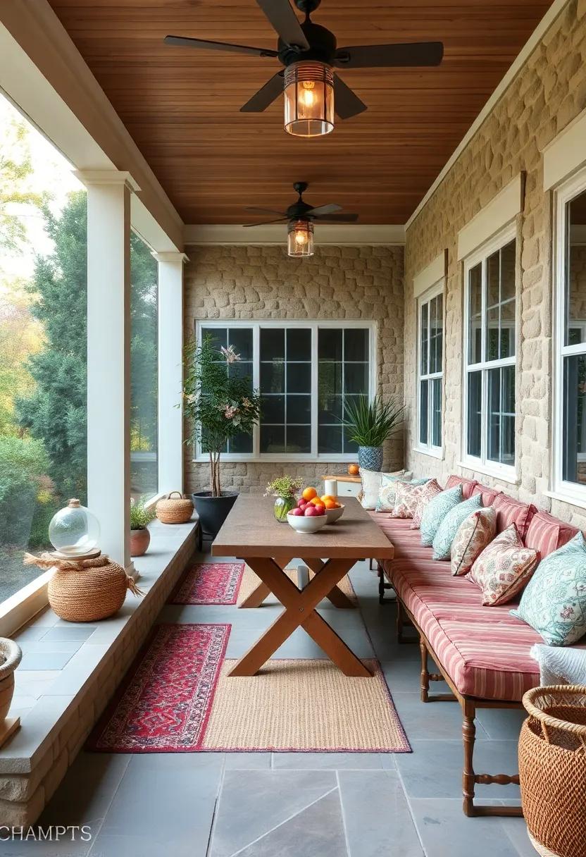 Eclectic Mix of Boho and Vintage Furnishings Creating a Warm and Inviting Bench Seating Area