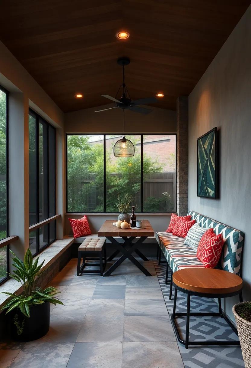 Urban Chic Dining Nook with Geometric Patterns, Sleek Lighting, and Multifunctional Bench Seating