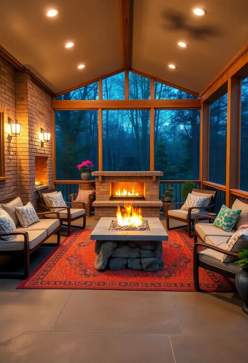 Cozy Fire Pit Centerpiece Illuminated by Soft Warm Lighting on a Rustic Screened Porch at Twilight