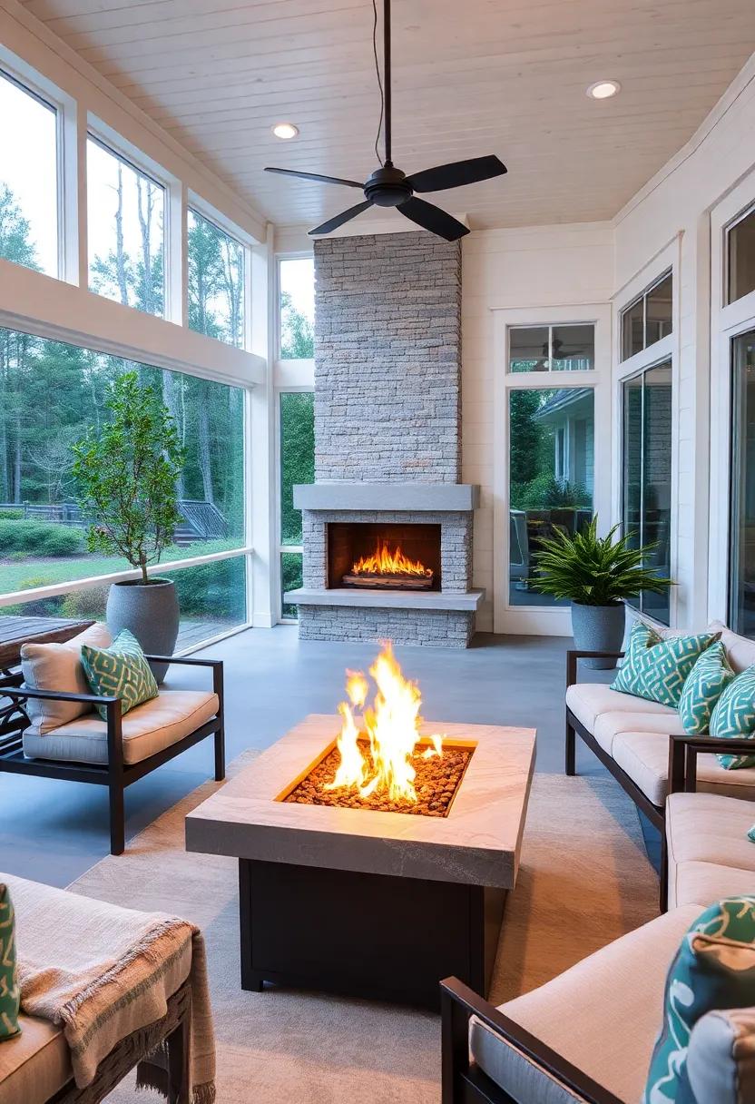 Modern Minimalist Fire Pit with Sleek Metal and Glass Design Enhancing a Bright, Airy Screened Porch Vibe