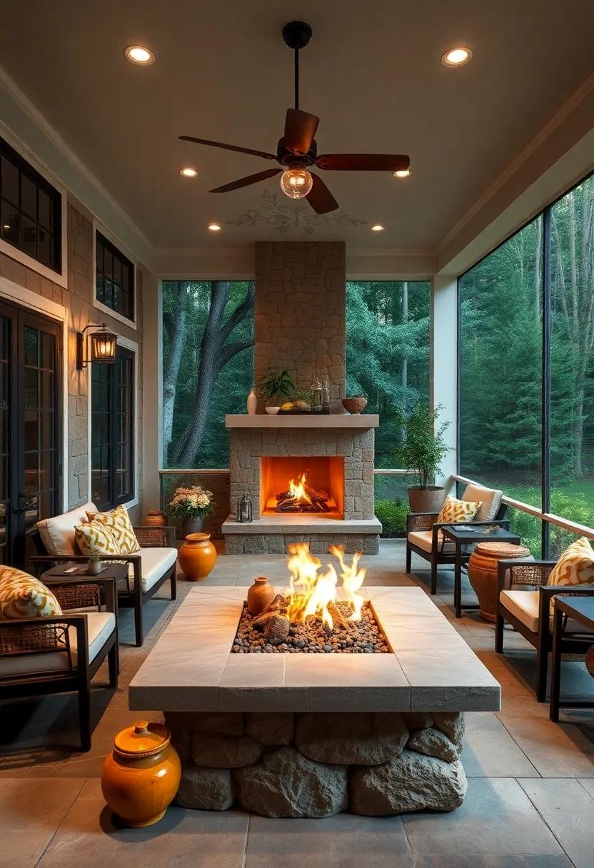 Natural Timber Fireplace Surrounded by Handwoven Rugs and Flickering Firelight Creating a Cozy Woodland Atmosphere