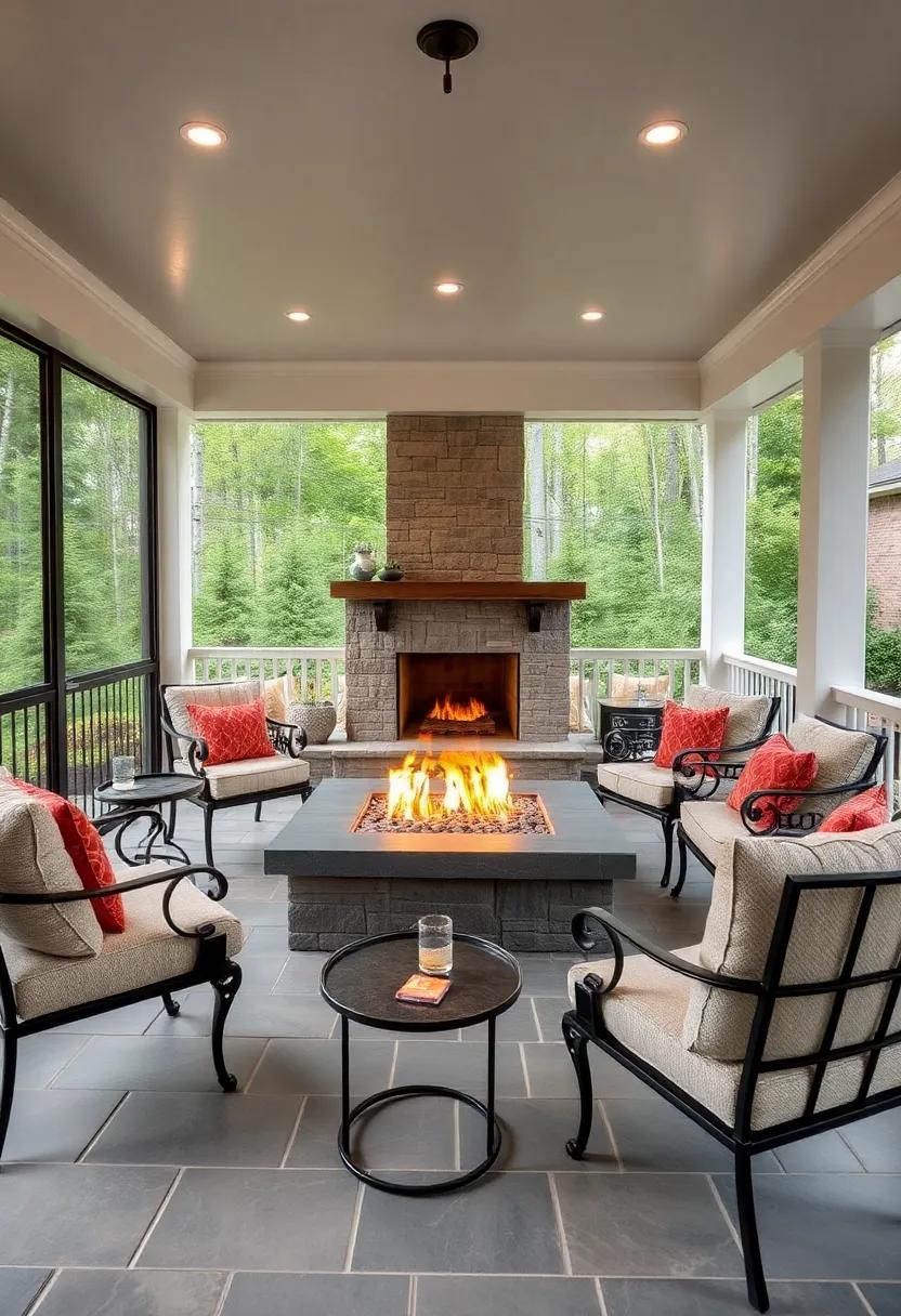 Fire Pit Flame Dancing Beneath a Tall Ceiling Fan and Billowing Sheer Curtains on a Breezy Screened Porch Space