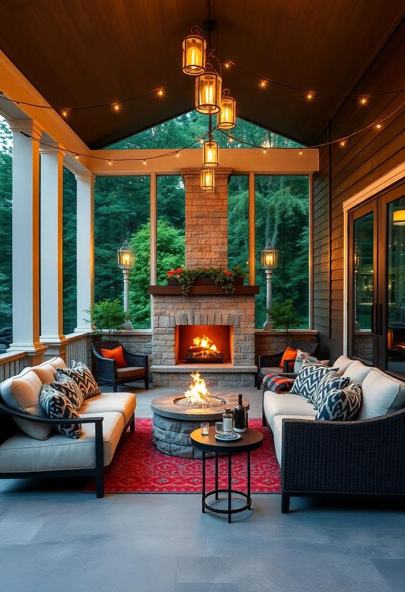 Natural Stone Fire Pit with Flickering Flames Reflected in Glass Tabletop on a Modern, Cozy Screened Porch