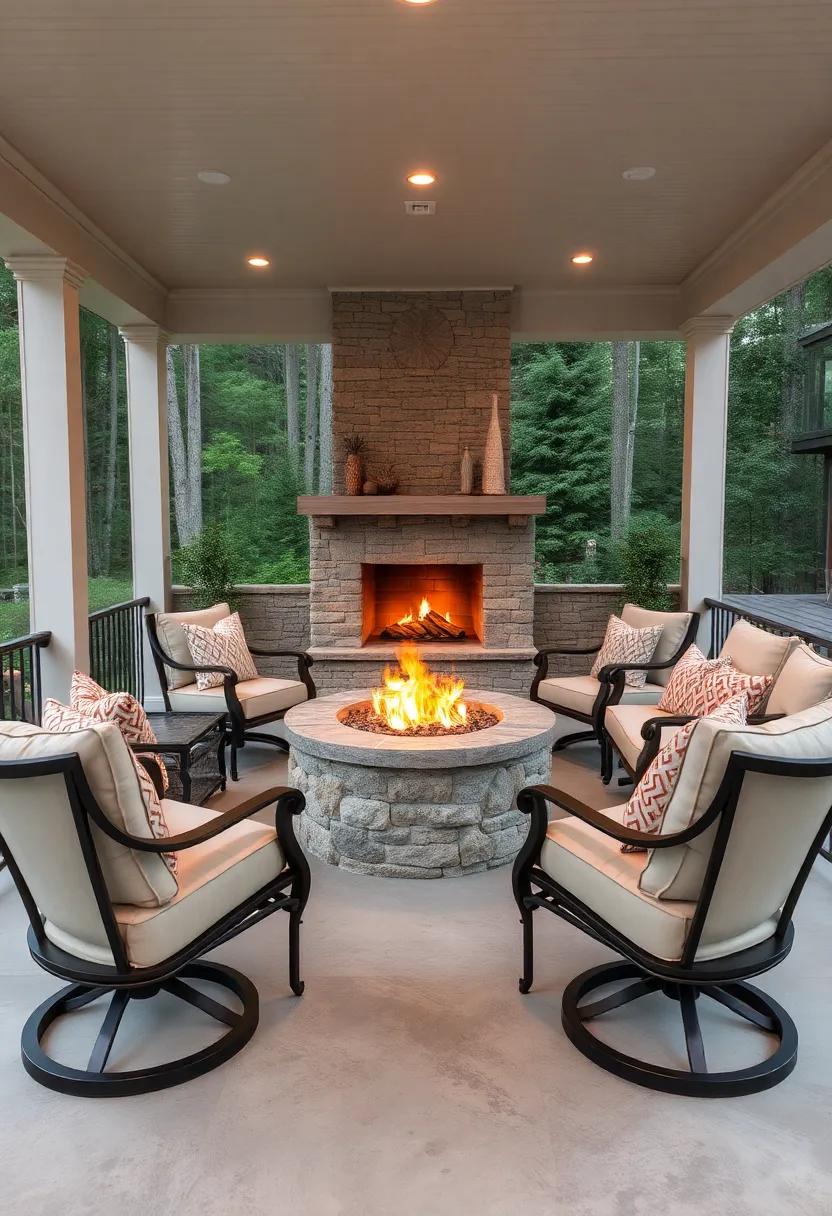 Comfortable Revolving Chairs Encircling a Central Stone Fire Pit with Warm Pillows and Layered Textures on a Screened Porch
