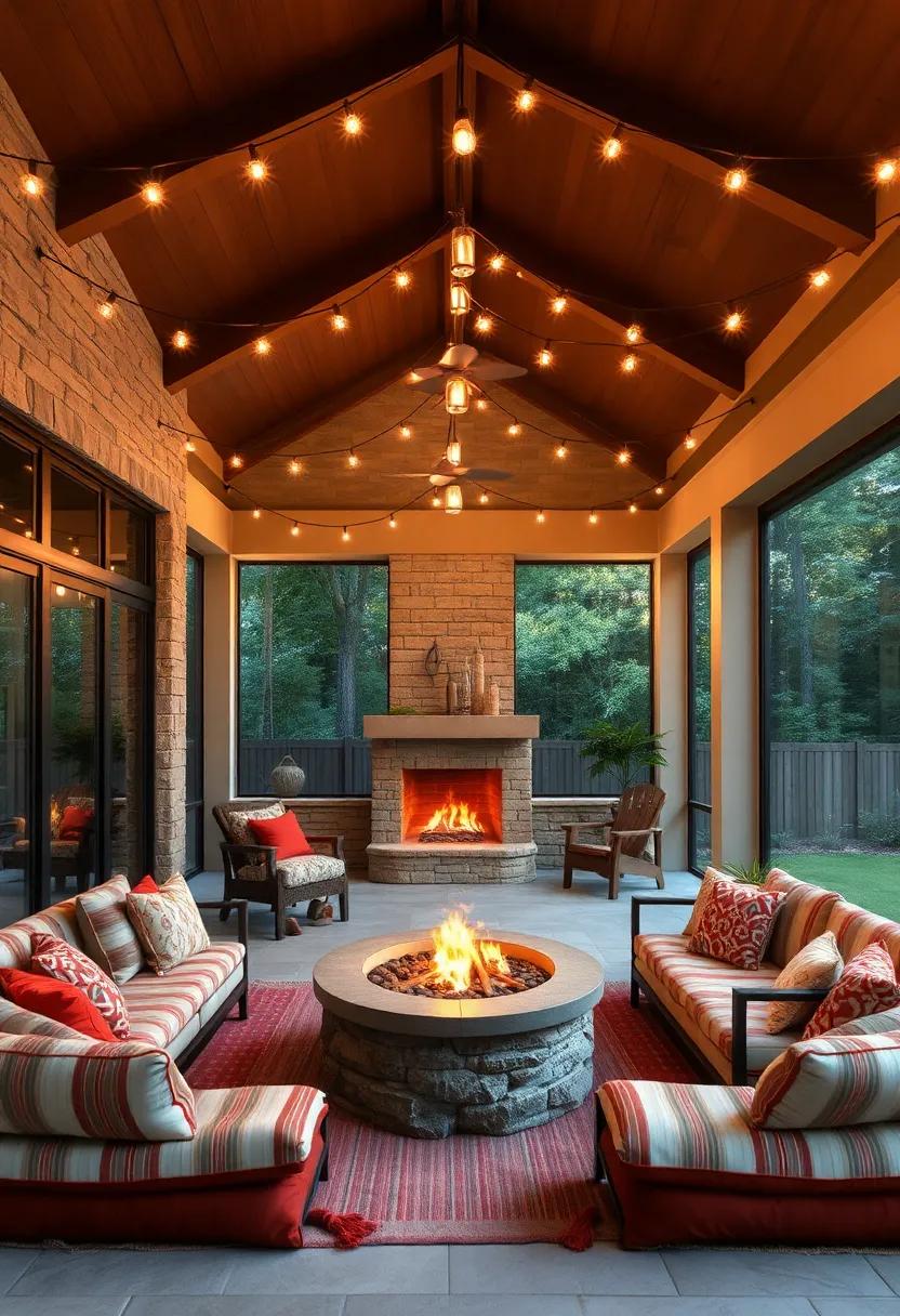 Screened Porch Ceiling Draped with Edison Bulbs Over a Large Fire Pit and Casual Floor Cushions for a Bohemian Look