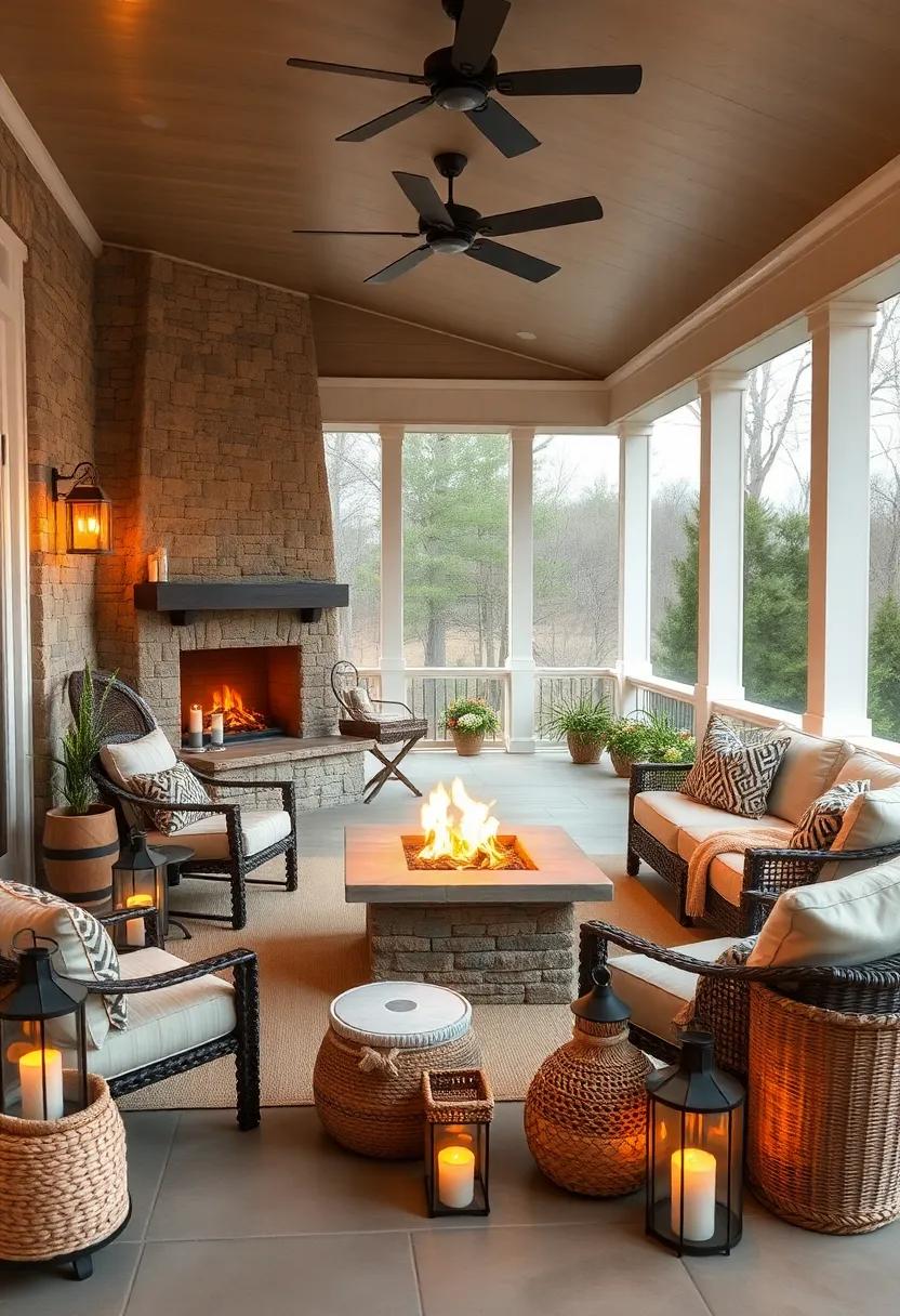 Screened Porch Bathed in Warm Amber Light from a Fire Pit and Lanterns with Cozy Neutral Textiles and Woven Baskets