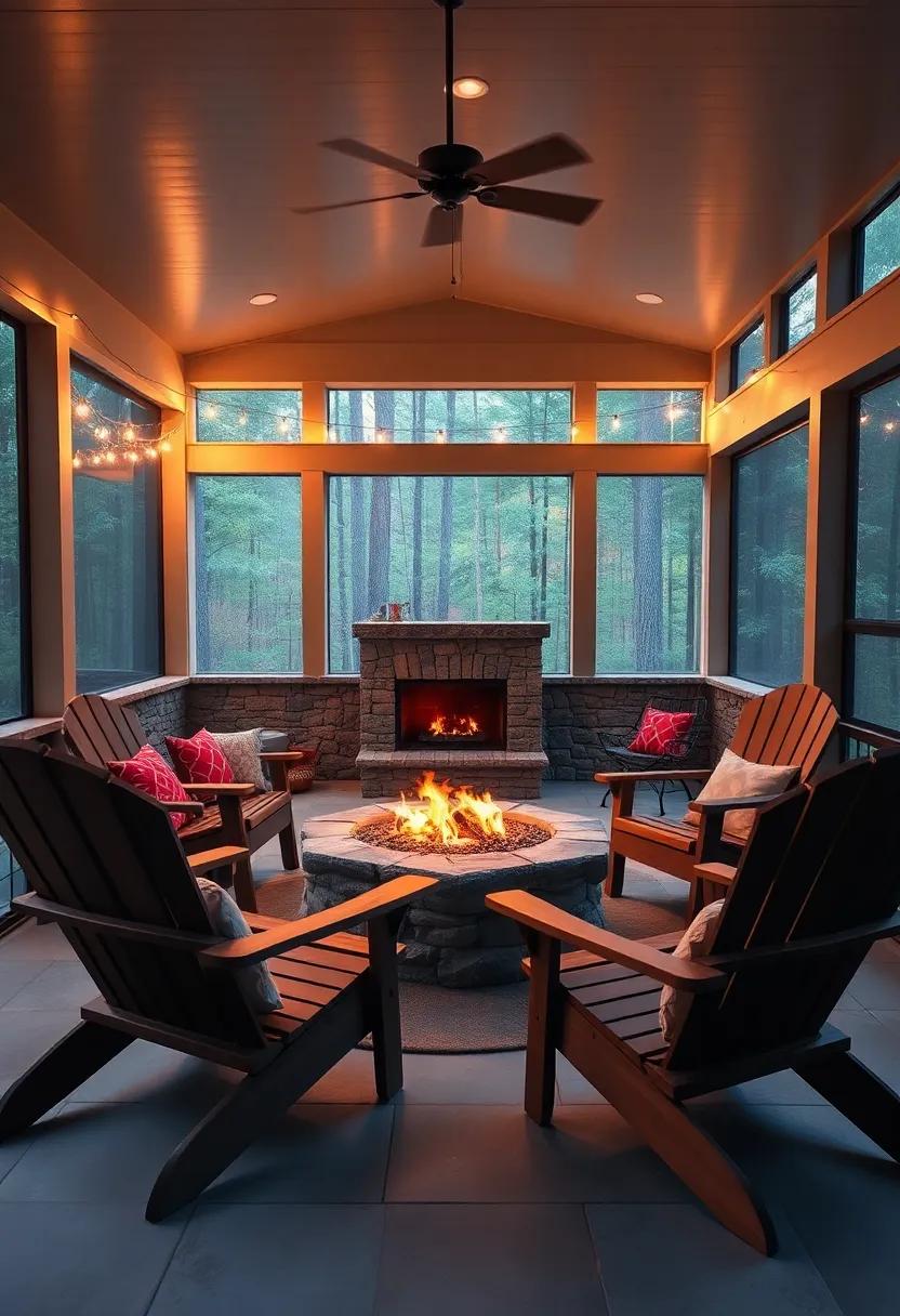 Fire Pit Surrounded by Comfortable Adirondack Chairs and Gentle Glow from String Lights on a Quiet Forest Screened Porch