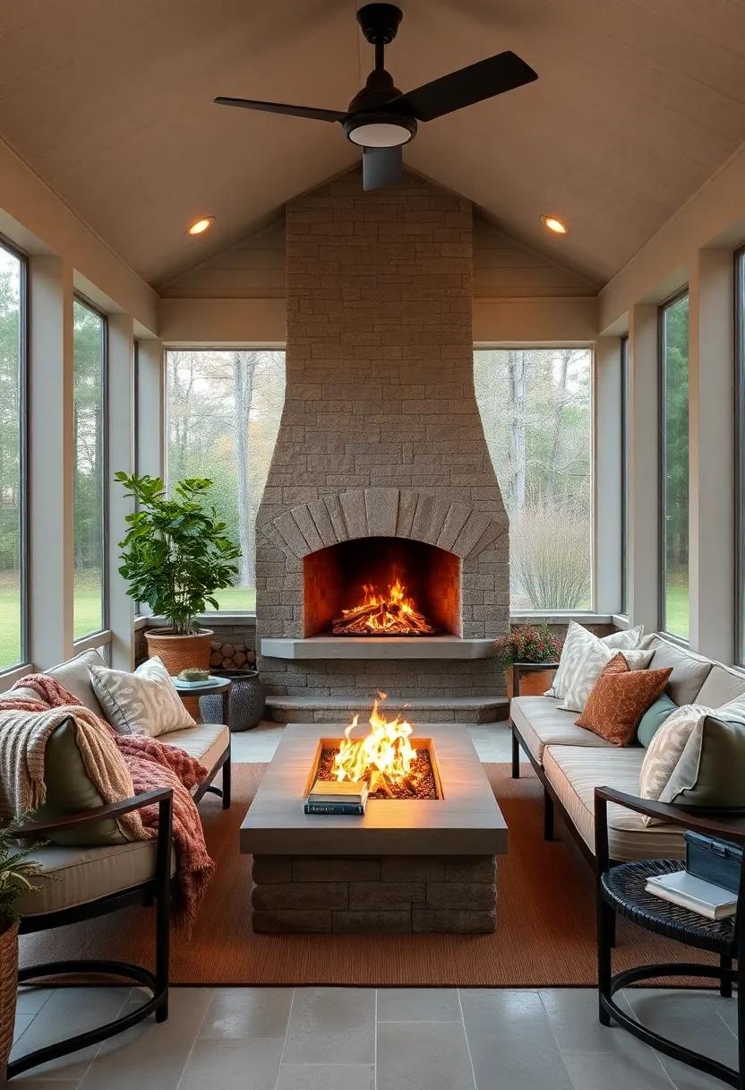 Inviting Screened Porch Nook with Curved Fireplace, Warm Wool Throws, and Vintage Books for a Quiet Evening Escape