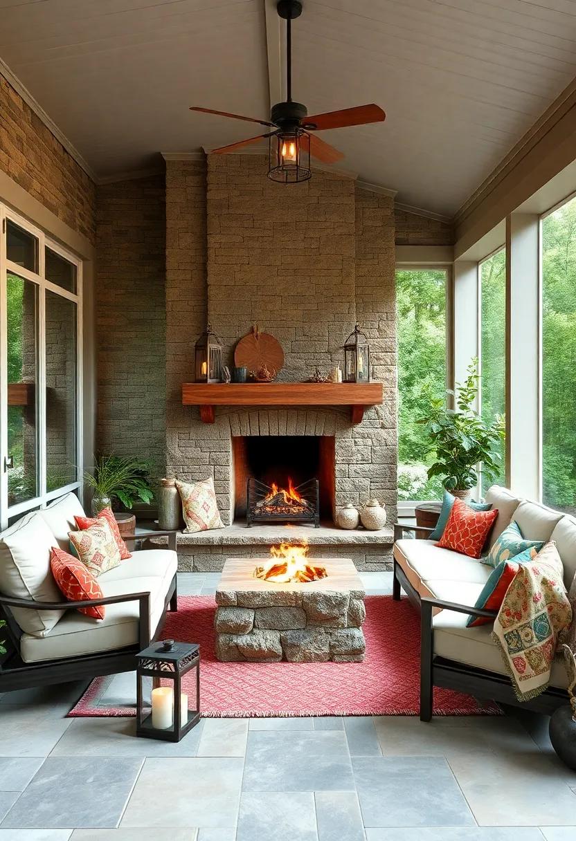 Large Corner Fireplace Adorned with Handmade Quilts and Rustic Lanterns Inviting Guests into a Screened Porch Haven