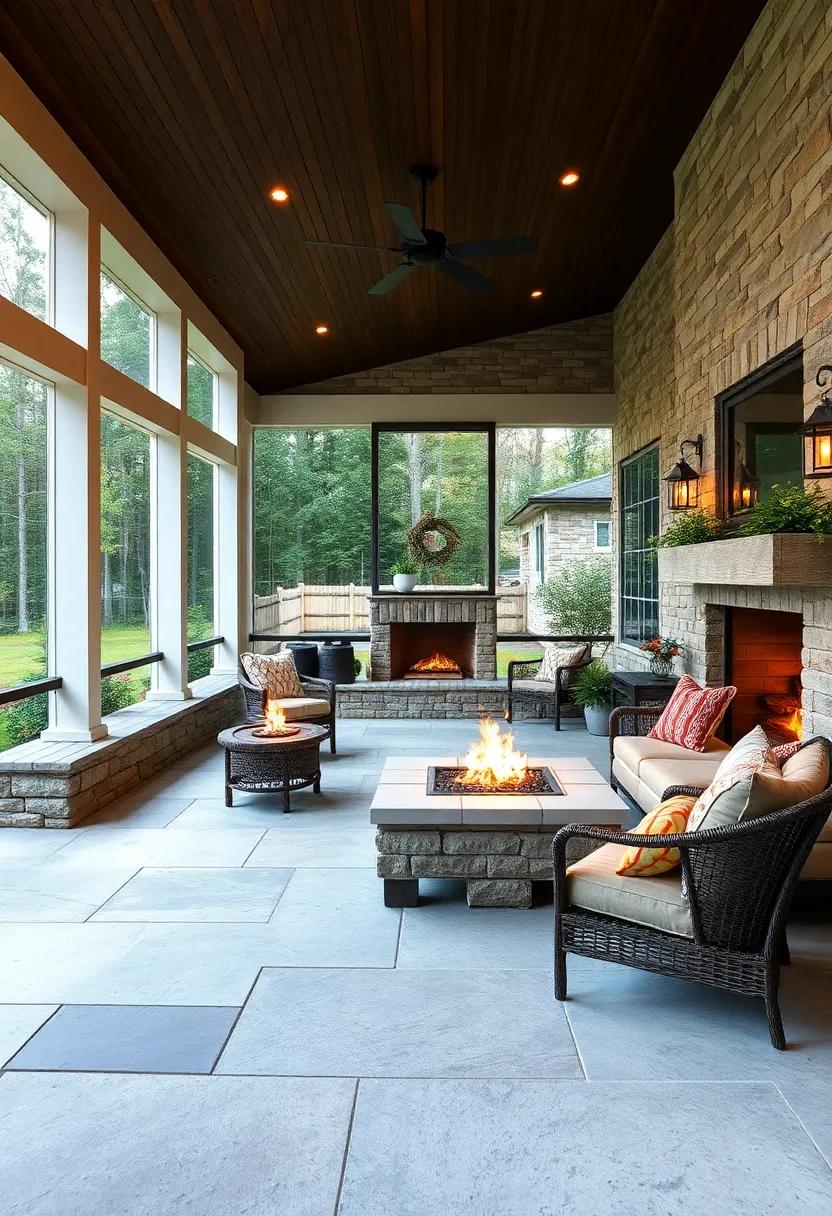 Screened Porch with Low, Built-In Fireplace Bench Seating and Subtle Ambient Lighting for Intimate Gatherings