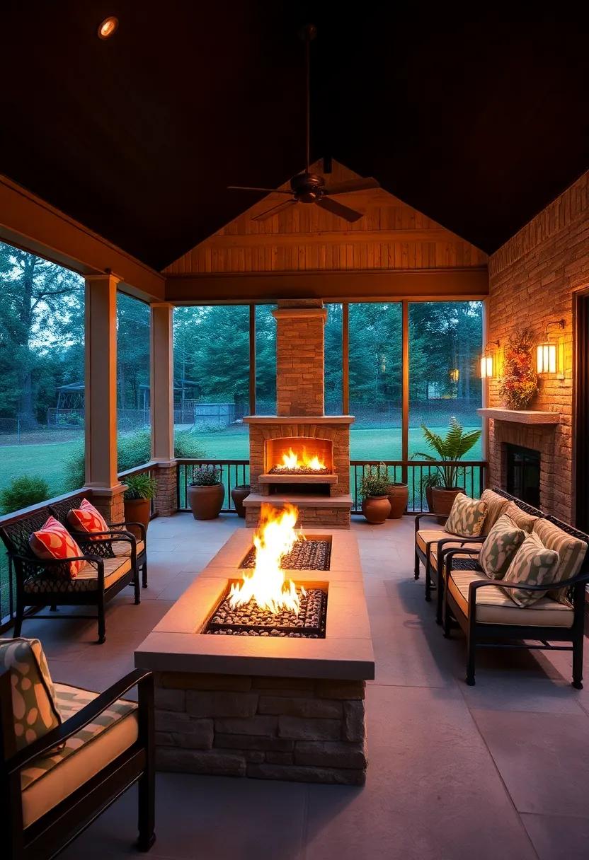 Open Screened Porch at Night with a Sculptural Gas Fireplace Casting Elegant Flames Against Cozy Rustic Decor