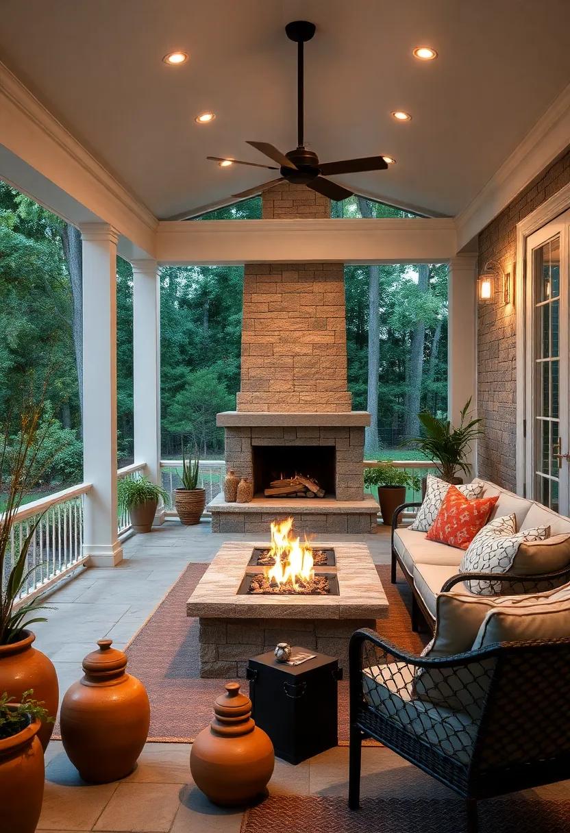 Screened Porch Lit by Amber Firelight with Clay Pots and Layered Textures Providing an Intimate Outdoor Lounge Experience