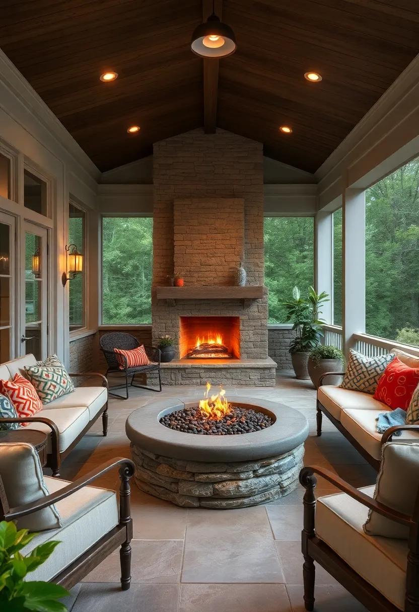 Softly Lit Screened Porch with Rounded Concrete Fire Pit, Vintage Ceramic Accents, and Plush Seating Areas