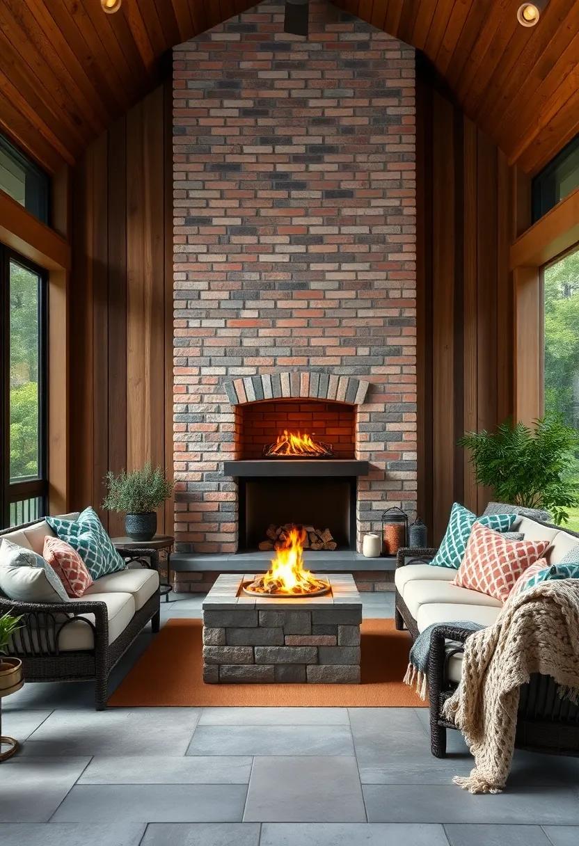 Rustic Brick Fireplace Against Weathered Wood Walls Framed by Soft Cushions and Knitted Blankets for Ultimate Comfort