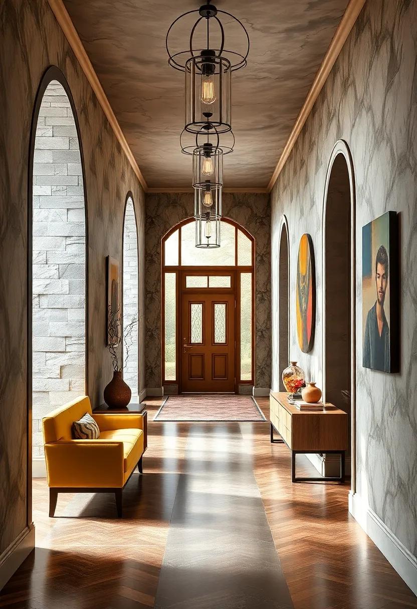Art Deco Inspired Hallway with Bold Patterns, Gold Accents, and Rich Colors