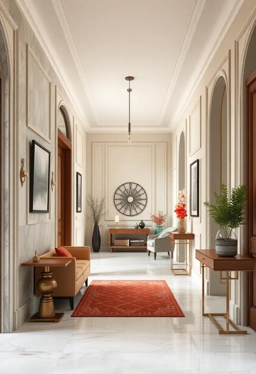 Classic European Elegance in Hallways with Marble Flooring and Ornate Moldings