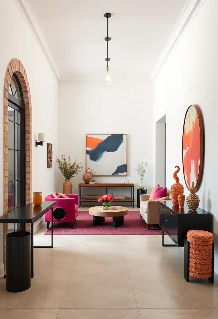 Contemporary Artistic Entries with Bold Wall Art, Sculptural Elements, and Bright Hues