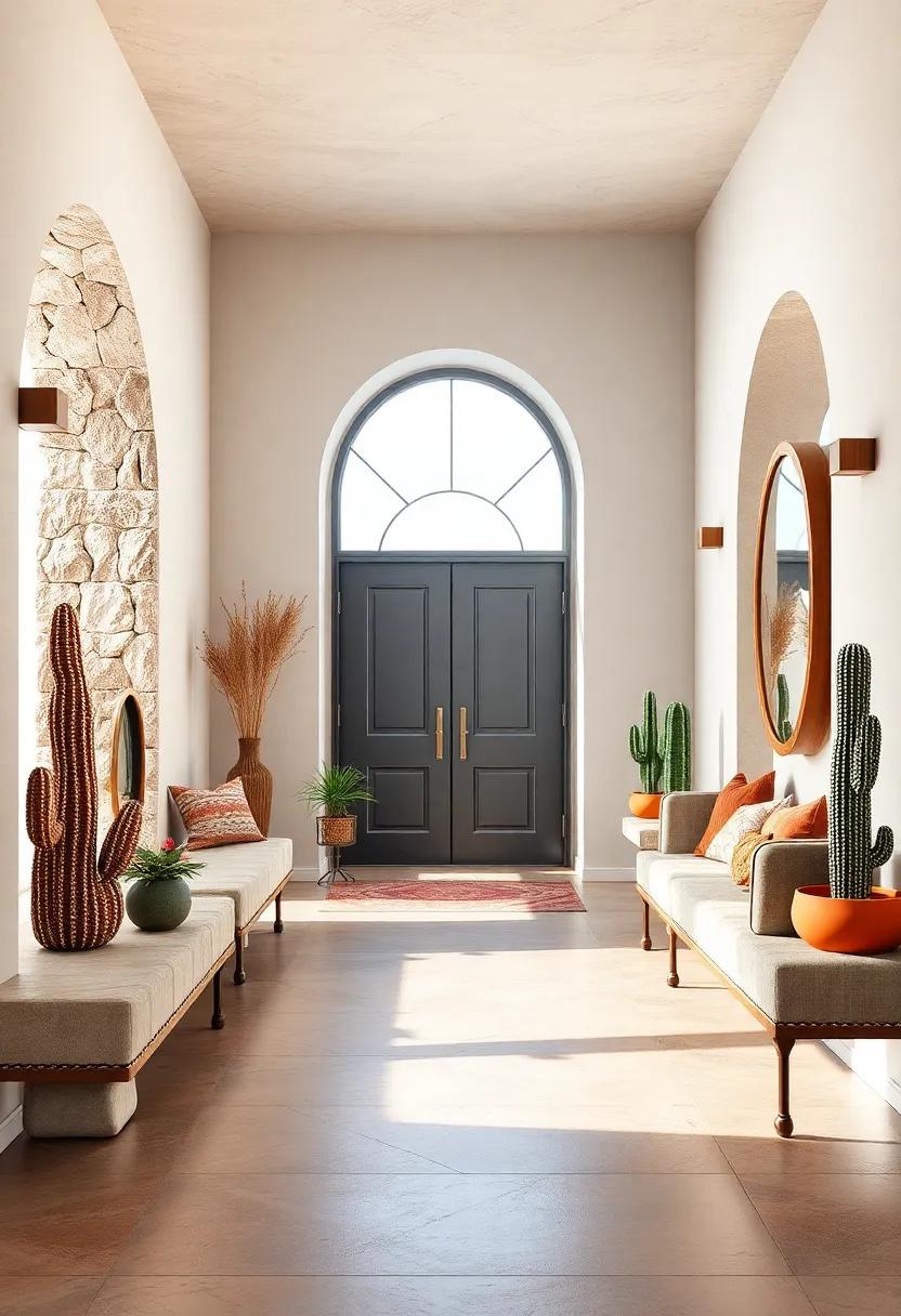 Desert Oasis Inspired Entrances with Warm Terracotta, Cactus Decor, and Organic Shapes