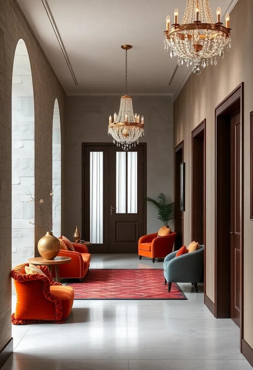 Luxurious Glam Hallway Featuring Velvet Cushions, Crystal Chandeliers, and Bold Colors