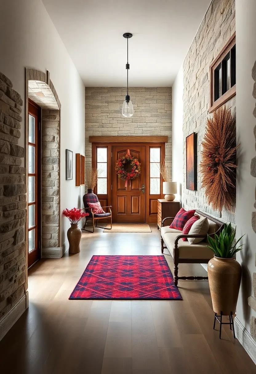 Rustic Cabin Entryway Featuring Stone Details, Plaid Fabrics, and Cozy Warmth
