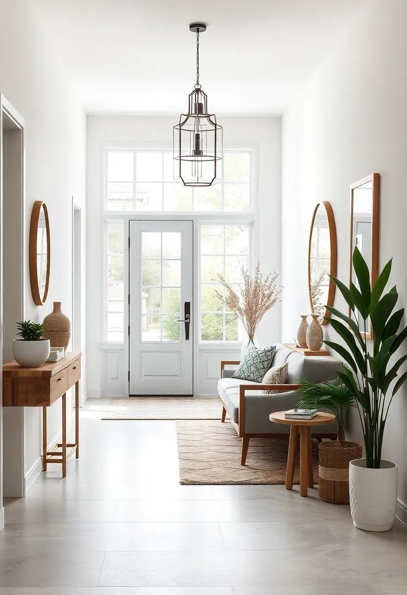 Scandinavian Inspired Entryway with Clean Whites, Natural Wood, and Greenery
