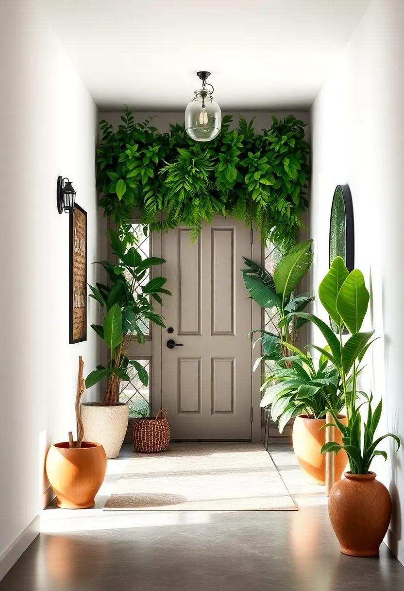 Urban Jungle Entryway Filled with Lush Green Plants, Vibrant Pots, and Earthy Vibes