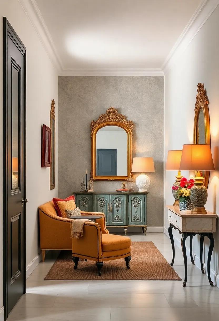 Vintage Elegance in Hallways with Classic Furniture, Ornate Mirrors, and Warm Lamps