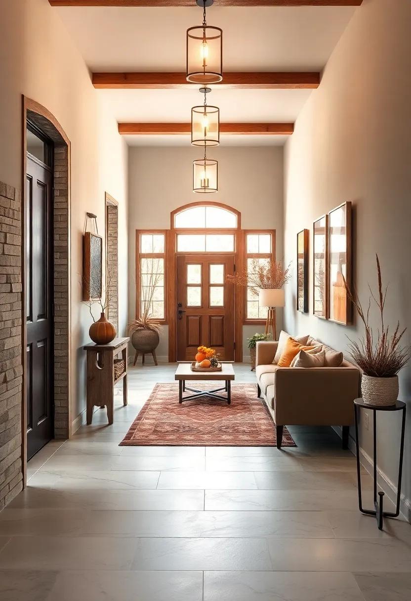 Welcoming Autumn Vibes with Warm Tones and Rustic Wooden Accents in Your Entryway