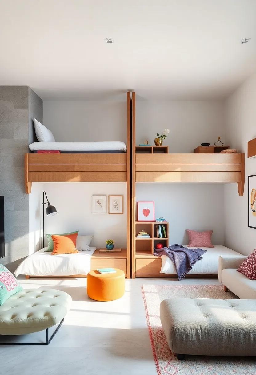 Sculptural Shelving Units as Both Storage and Artistic Statements in Shared Loft Bedrooms