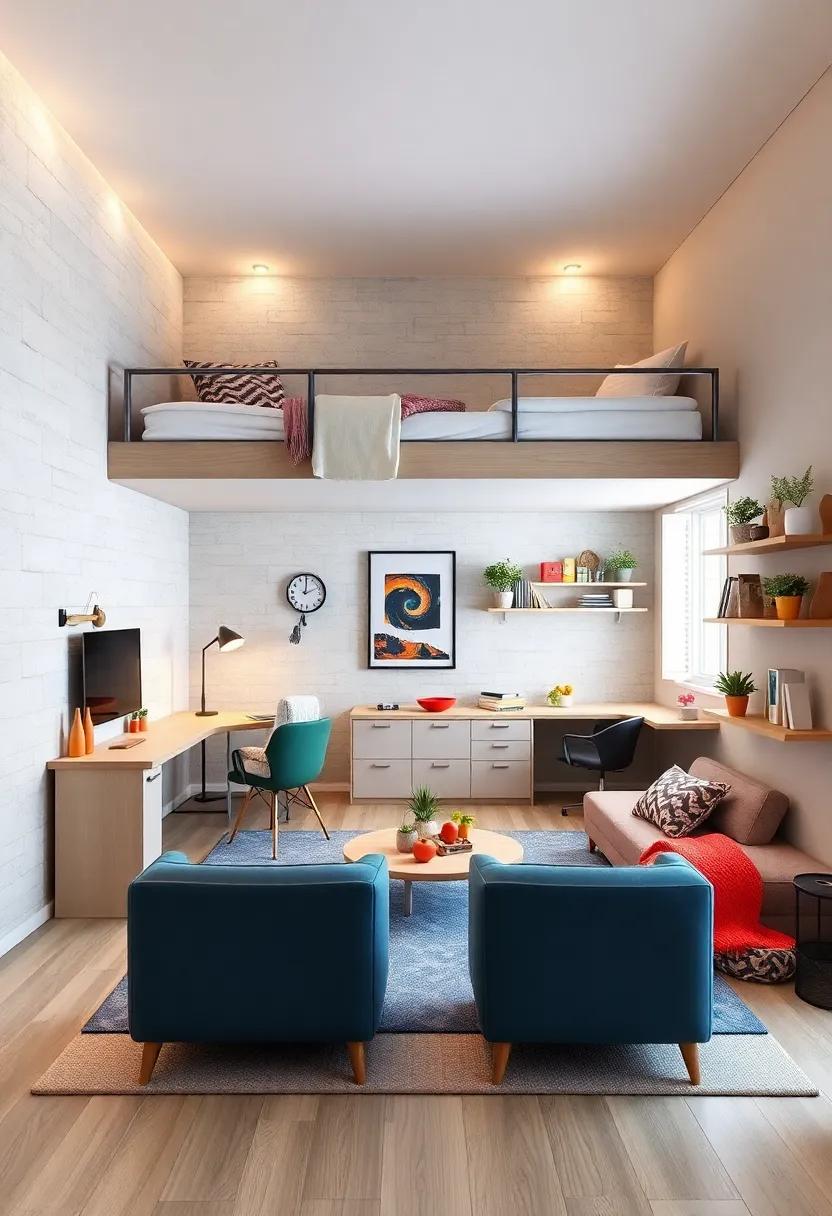 Compact Desk and Seating Arrangements Designed for Dual Use in Loft Bed Shared Rooms