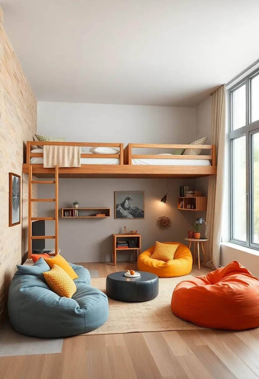Comfortable Seating Corners and Bean Bags for Relaxing and Playing Under Loft Beds