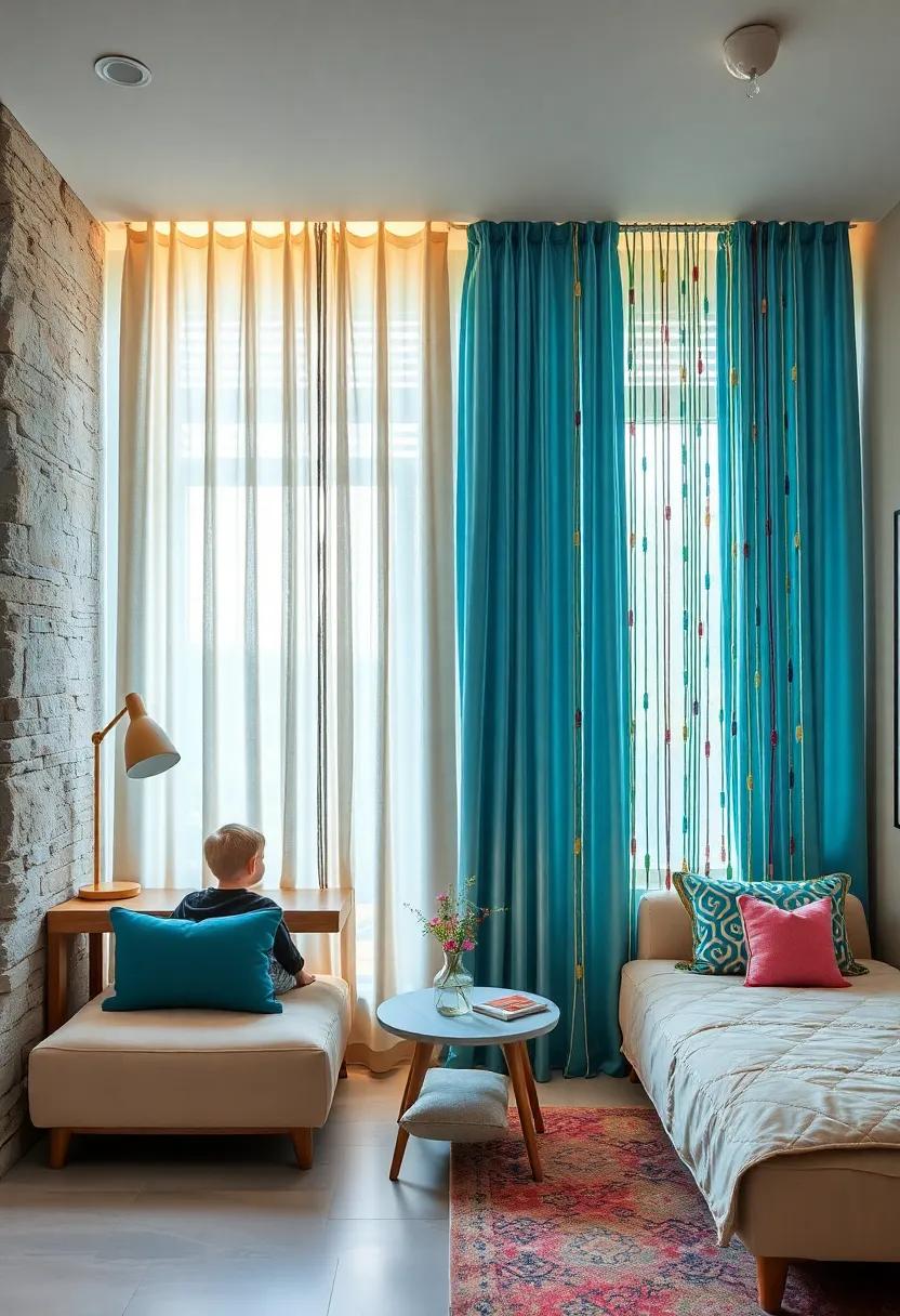 Colorful Beaded Curtains Introducing Whimsy and Movement to Separate Sibling Study and Rest Zones