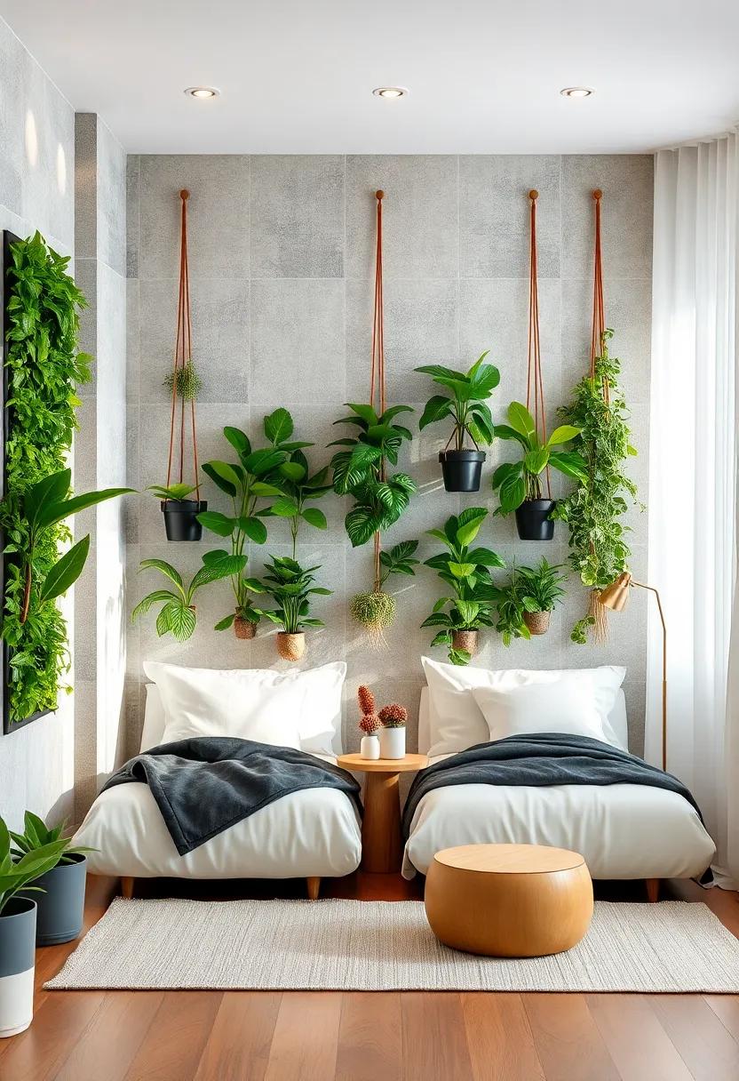 Hanging Plant Walls Acting as Living Dividers with Natural Greenery to Define Individual Sibling Areas